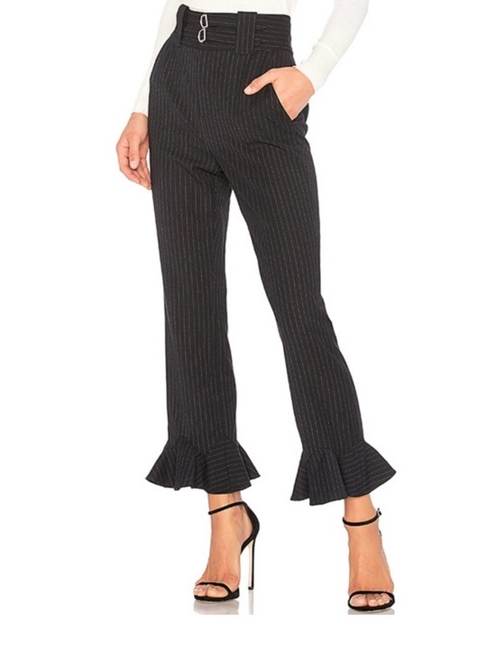 Rebecca Minkoff Pants - Rebecca Taylor Black Pinstripe
Ruffle Hem Wool Trousers Double
Buckle Waist 12